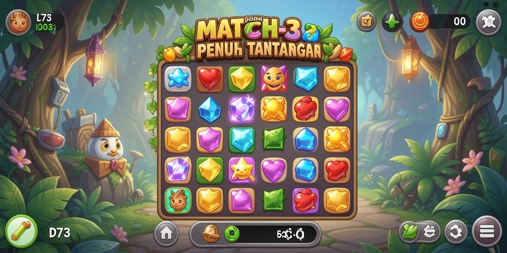Screenshot gameplay D73 menampilkan aksi mencocokkan permata yang seru.