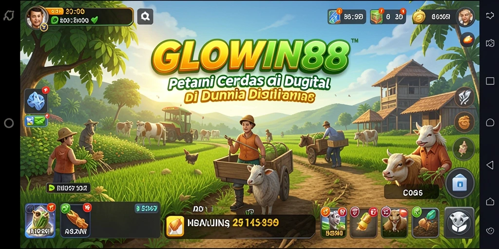 Screenshot GLOWIN88 menampilkan petani yang sedang merawat tanaman.