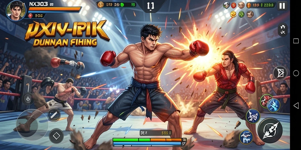 Screenshot utama NX303 menunjukkan pertarungan seru dan karakter yang beragam.