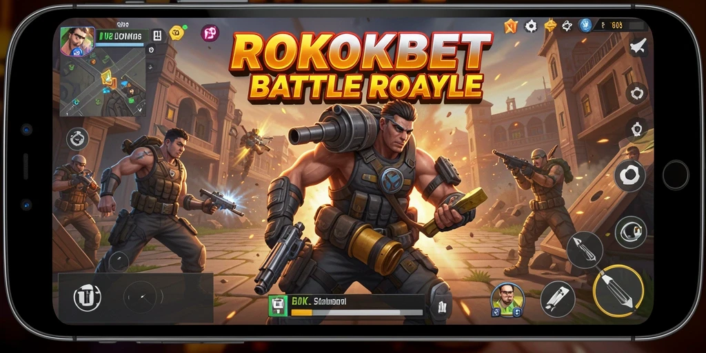Tampilan utama ROKOKBET dengan aksi seru di medan perang Battle Royale.