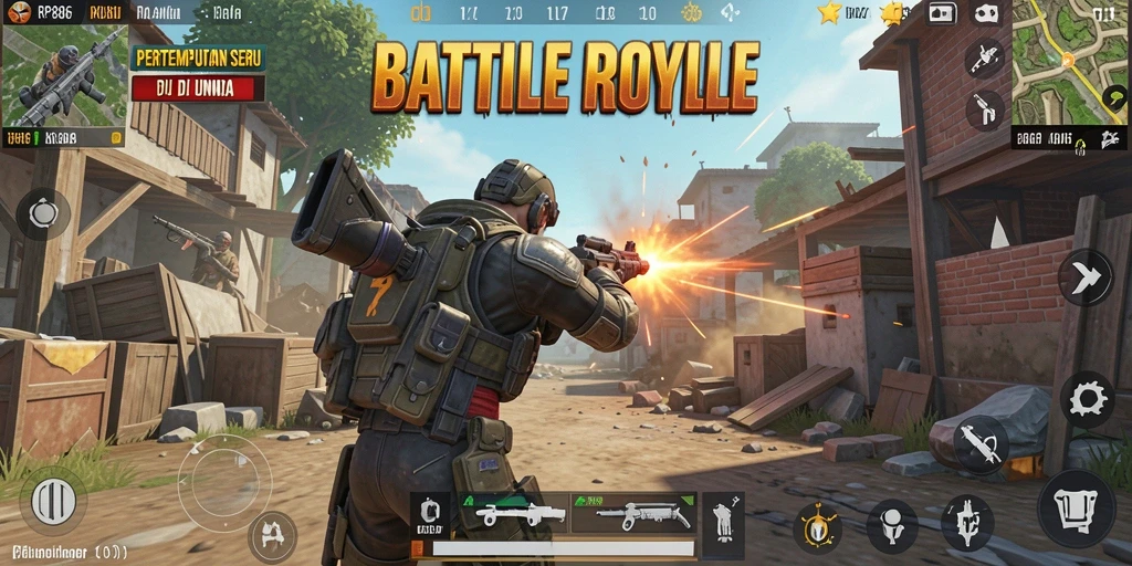 Tampilan gameplay RP886 menampilkan aksi mendebarkan dalam pertempuran Battle Royale.
