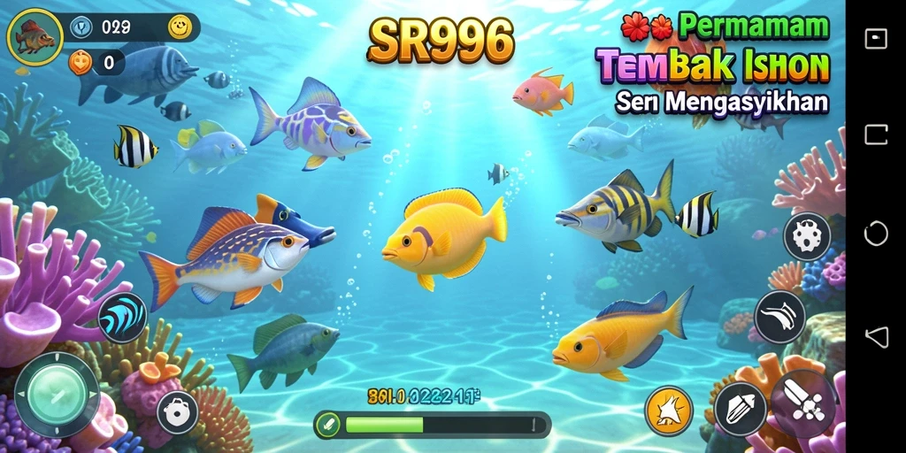 Screenshot gameplay SR996 menunjukkan aksi tembak ikan yang seru.