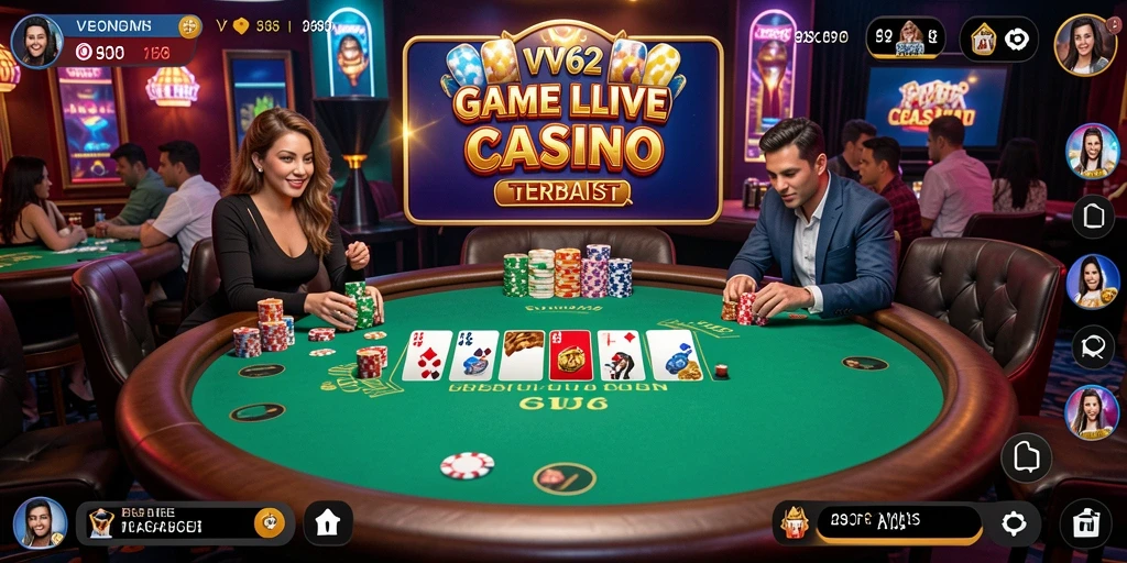 Screenshot gameplay Live Casino VV62 menunjukkan dealer profesional dan suasana permainan yang nyata.