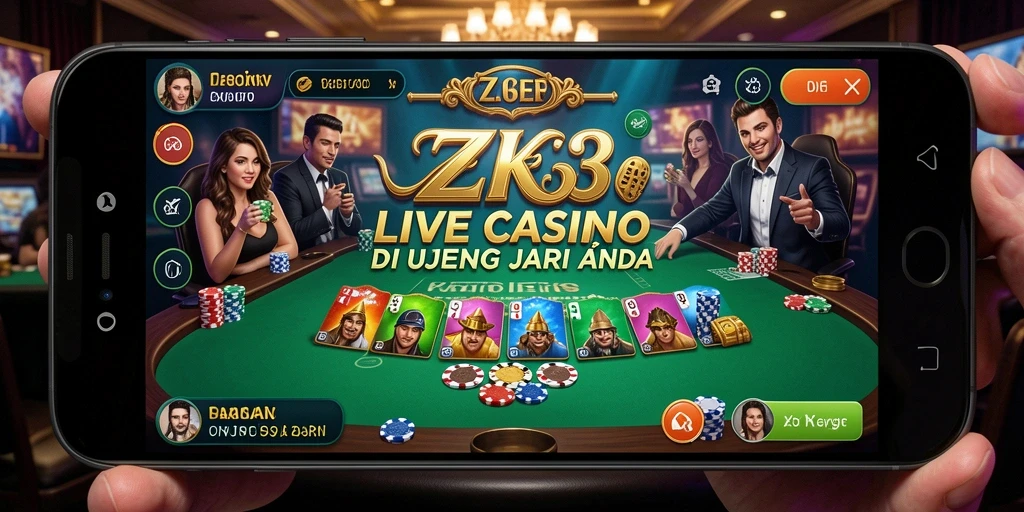 Tampilan gameplay ZK3 yang seru dengan dealer langsung dan suasana casino.
